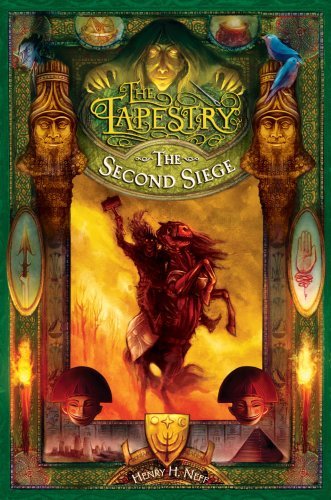 Cover of The Second Siege by Henry H. Neff, showing Max and David before a fiery landscape beneath a dark winged figure.