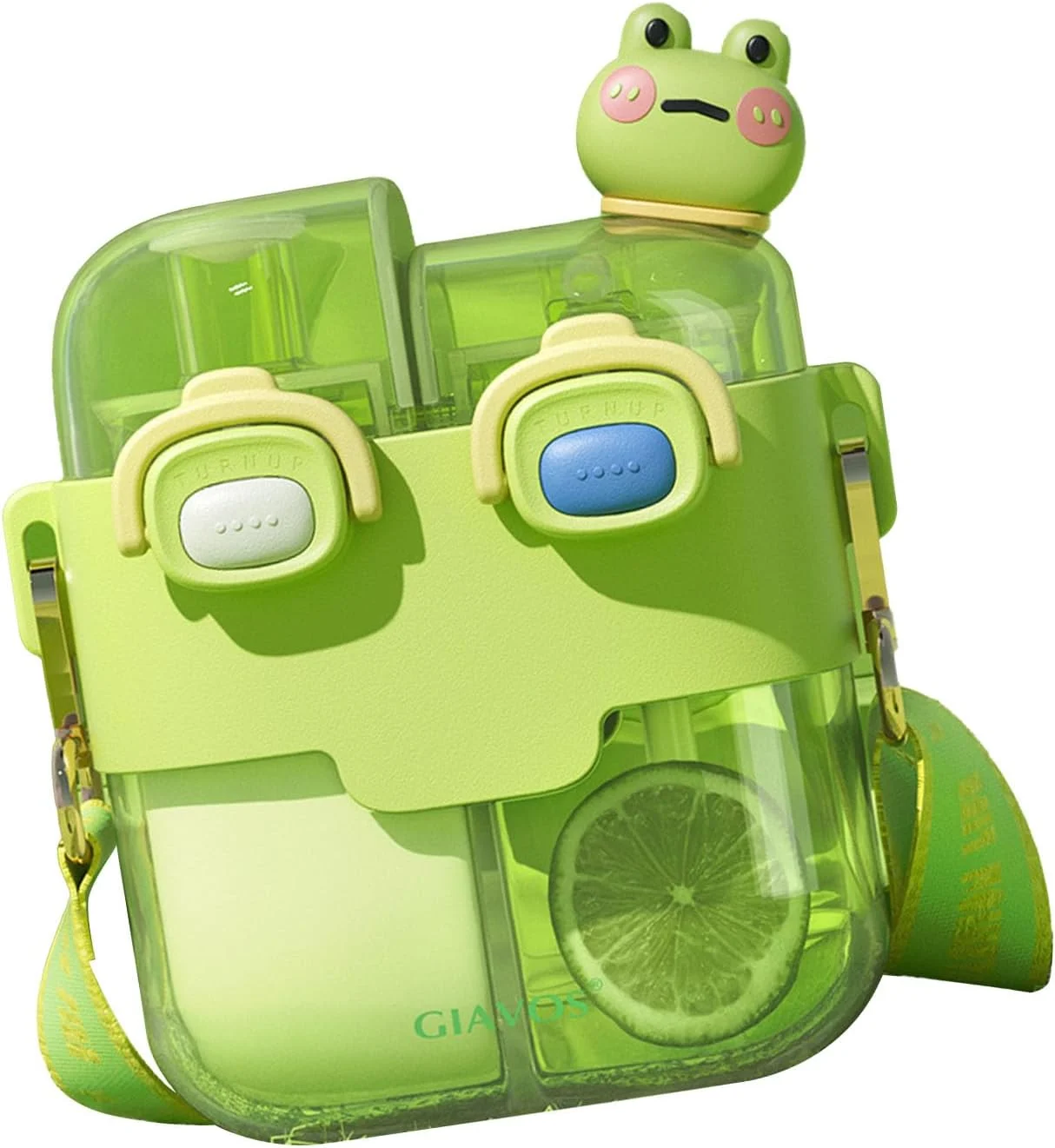Green kawaii two-compartment water bottle with two separate flip-top spouts, a frog-shaped lid, and a wide carrying strap.