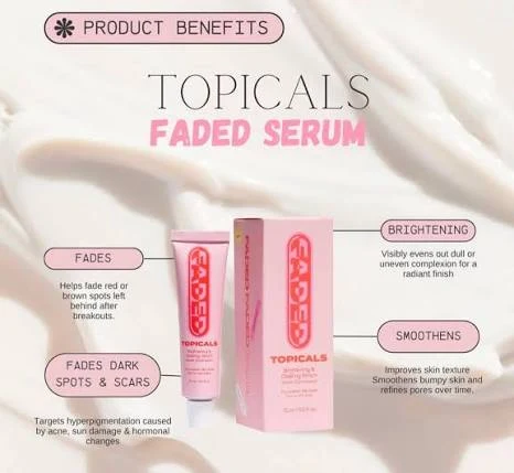 Promotional graphic showing a tube and box of Topicals Faded Serum with brightening, smoothing, and fading claims.