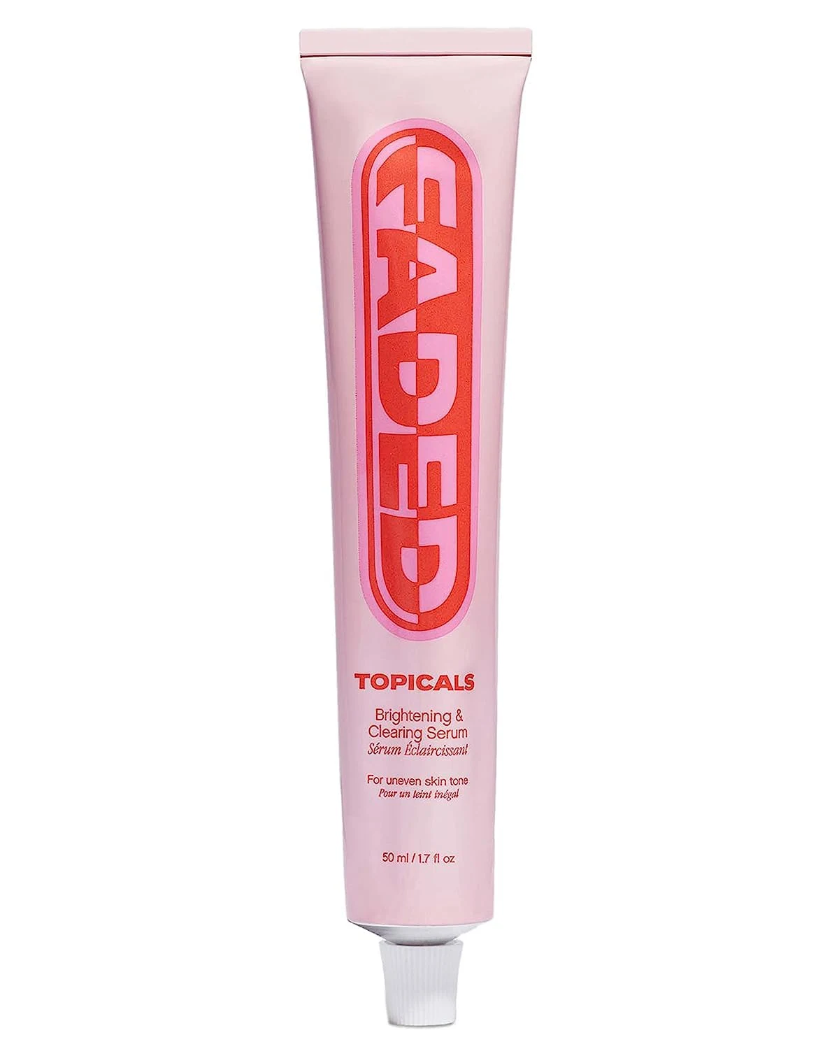 Pink tube of Topicals Faded Brightening and Clearing Serum standing upright against a white background.