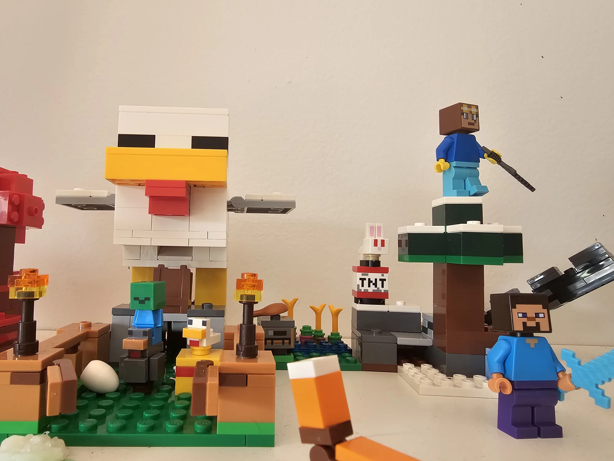 Completed LEGO Minecraft Steve's Taiga Adventure build with Steve and Minecraft animals