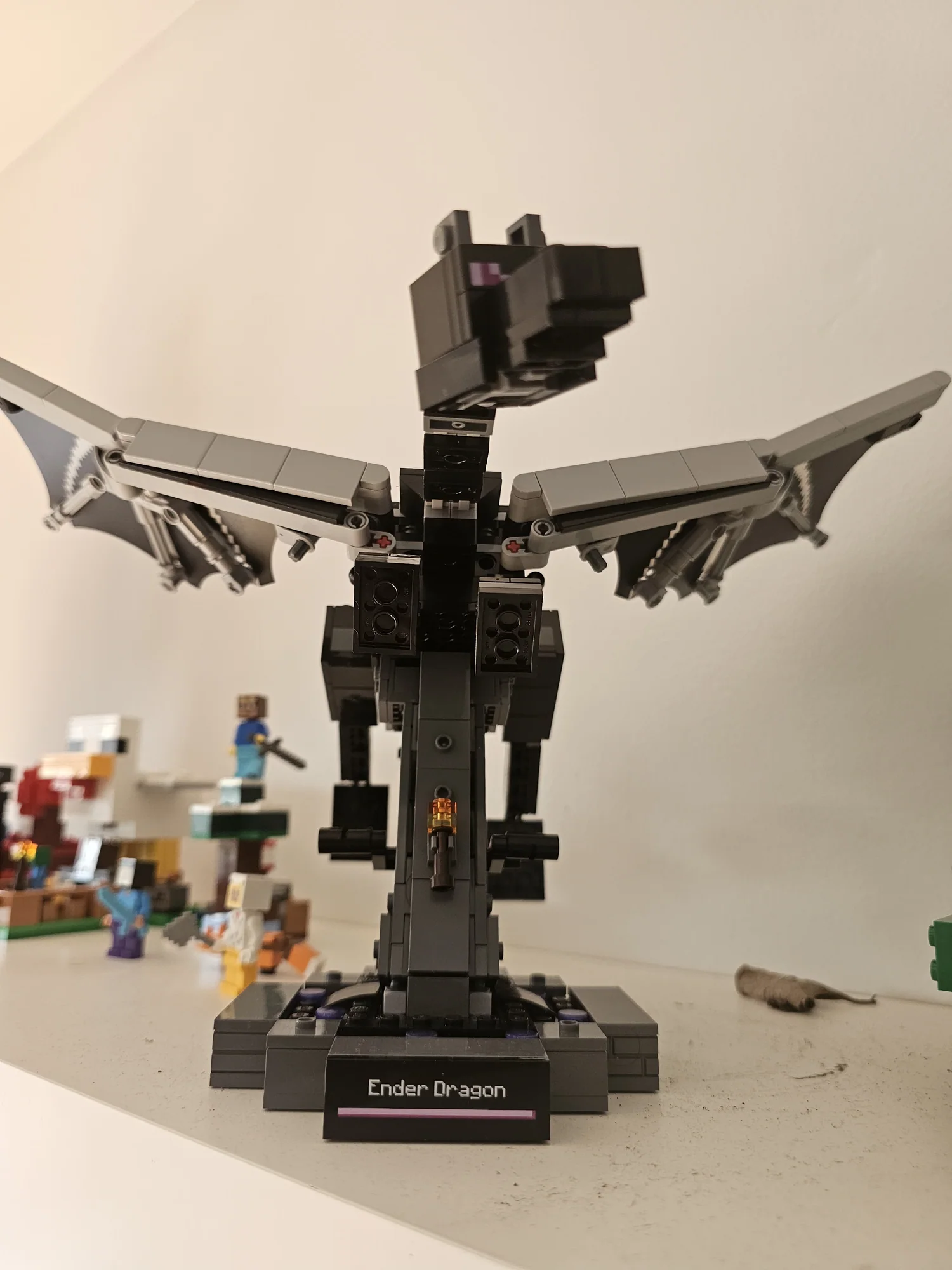Completed LEGO Minecraft The Ender Dragon build on its display stand