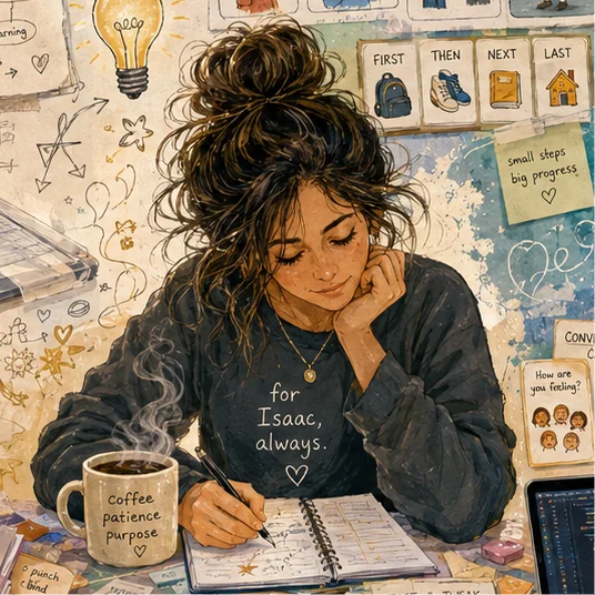An illustrated portrait of Kabbo’s mum writing in a sketchbook at a creative desk.