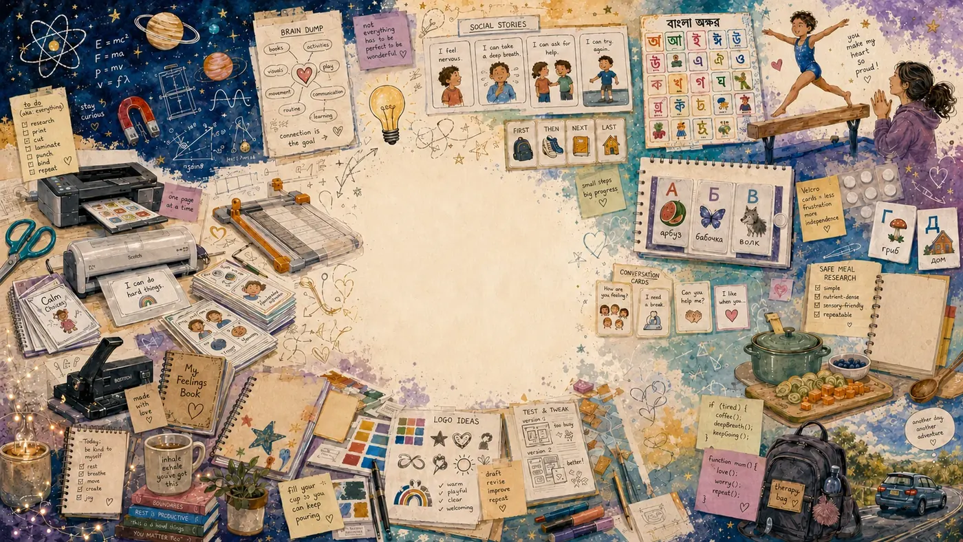 An illustrated collage of family planning, learning, and creative tools.