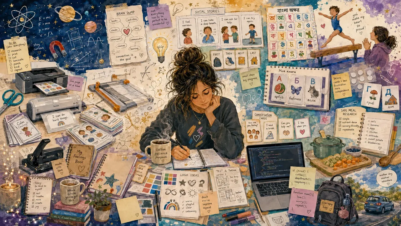 An illustrated collage of books, notes, art materials, and creative writing.