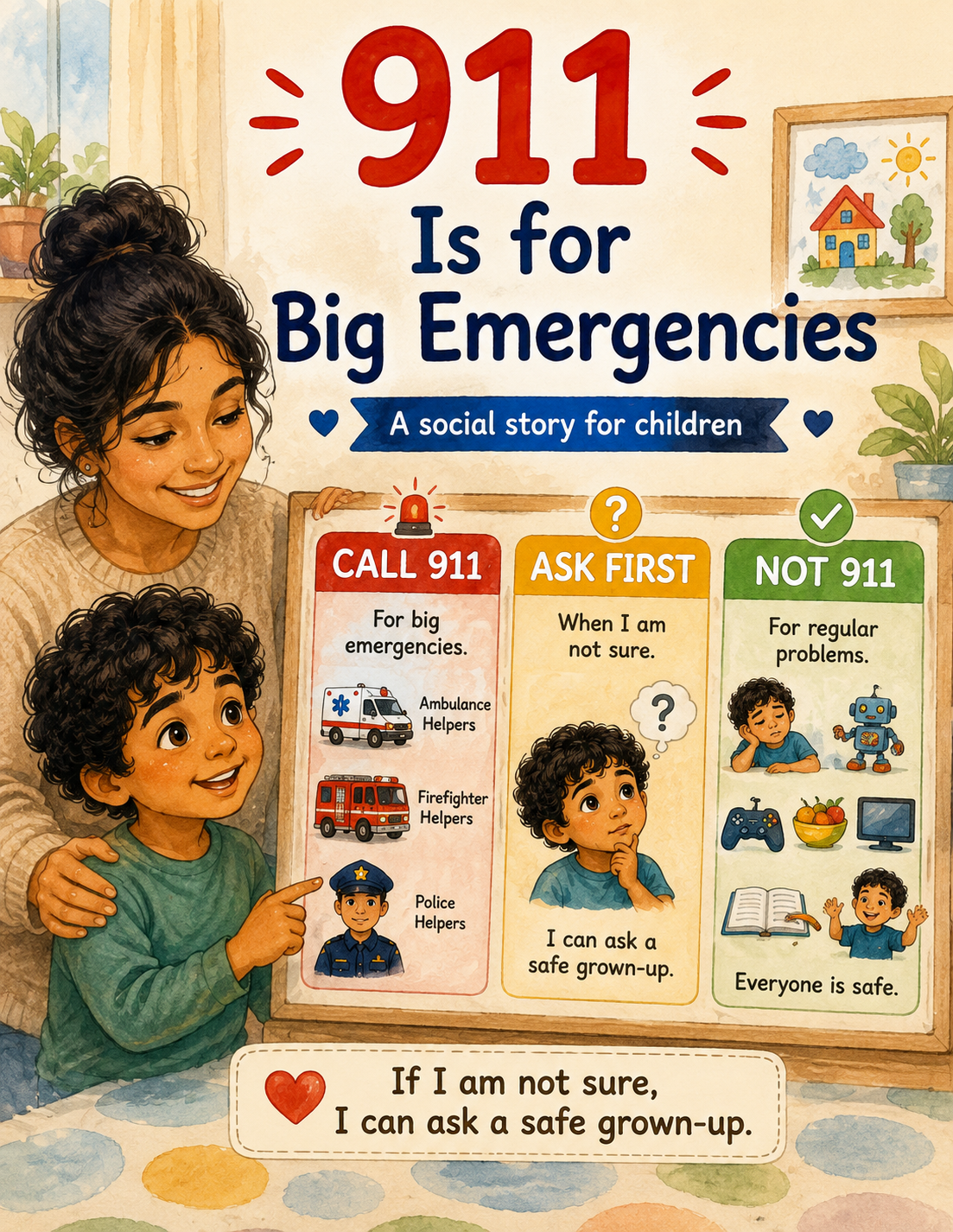 An illustrated mother and child learning when to call 911, when to ask a safe grown-up, and which problems are not emergencies.