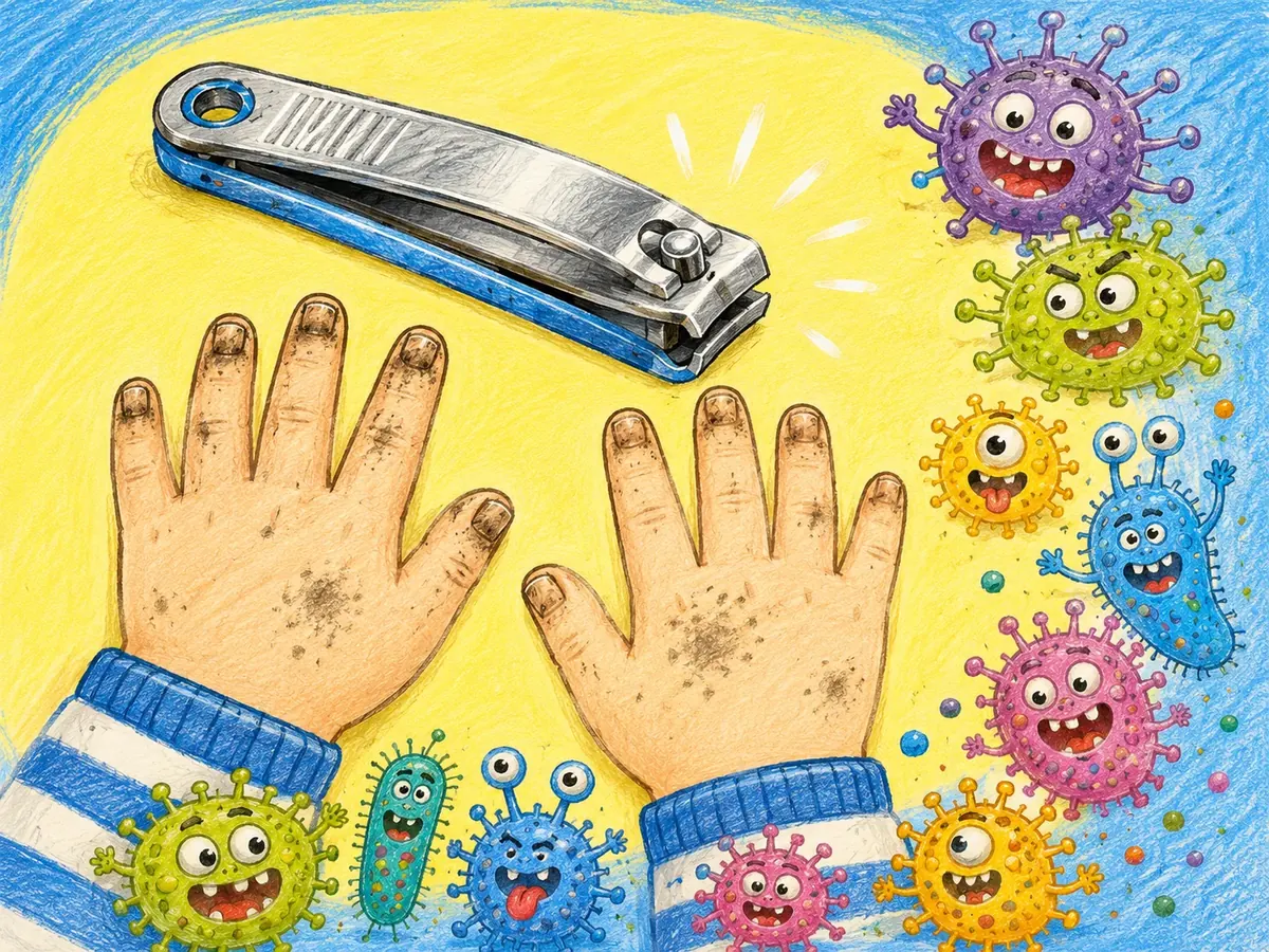 A colourful drawing of hands, a nail clipper, and playful cartoon germs.