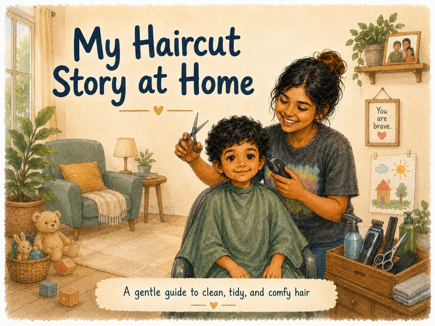 An illustrated mother cutting her child's curly hair at home, with familiar haircut tools nearby.