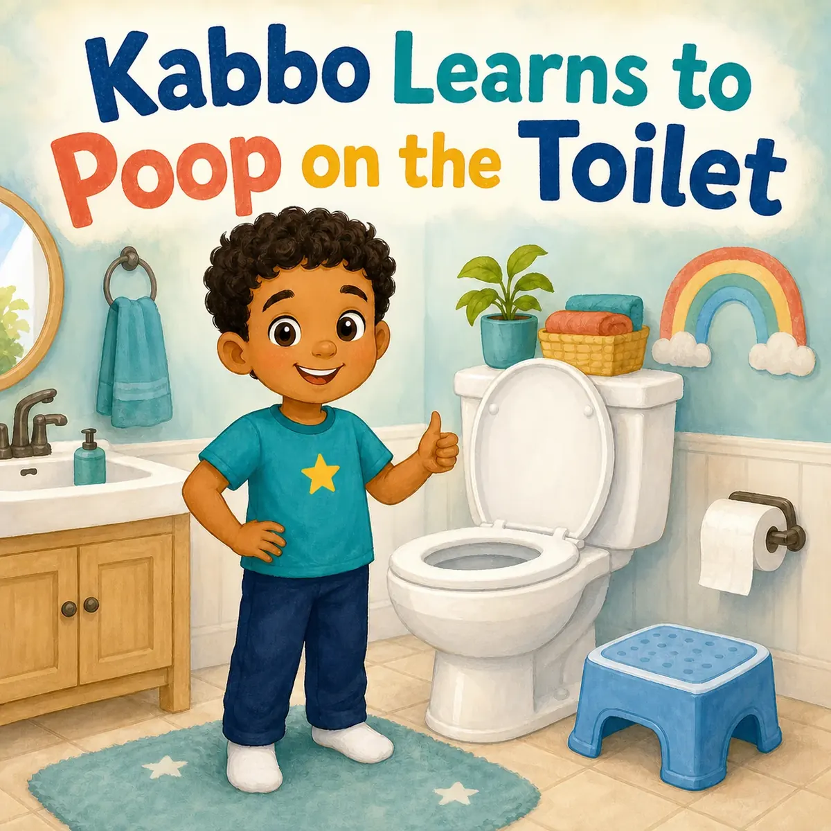 Kabbo standing beside a toilet and a blue footstool in a cheerful illustrated bathroom.