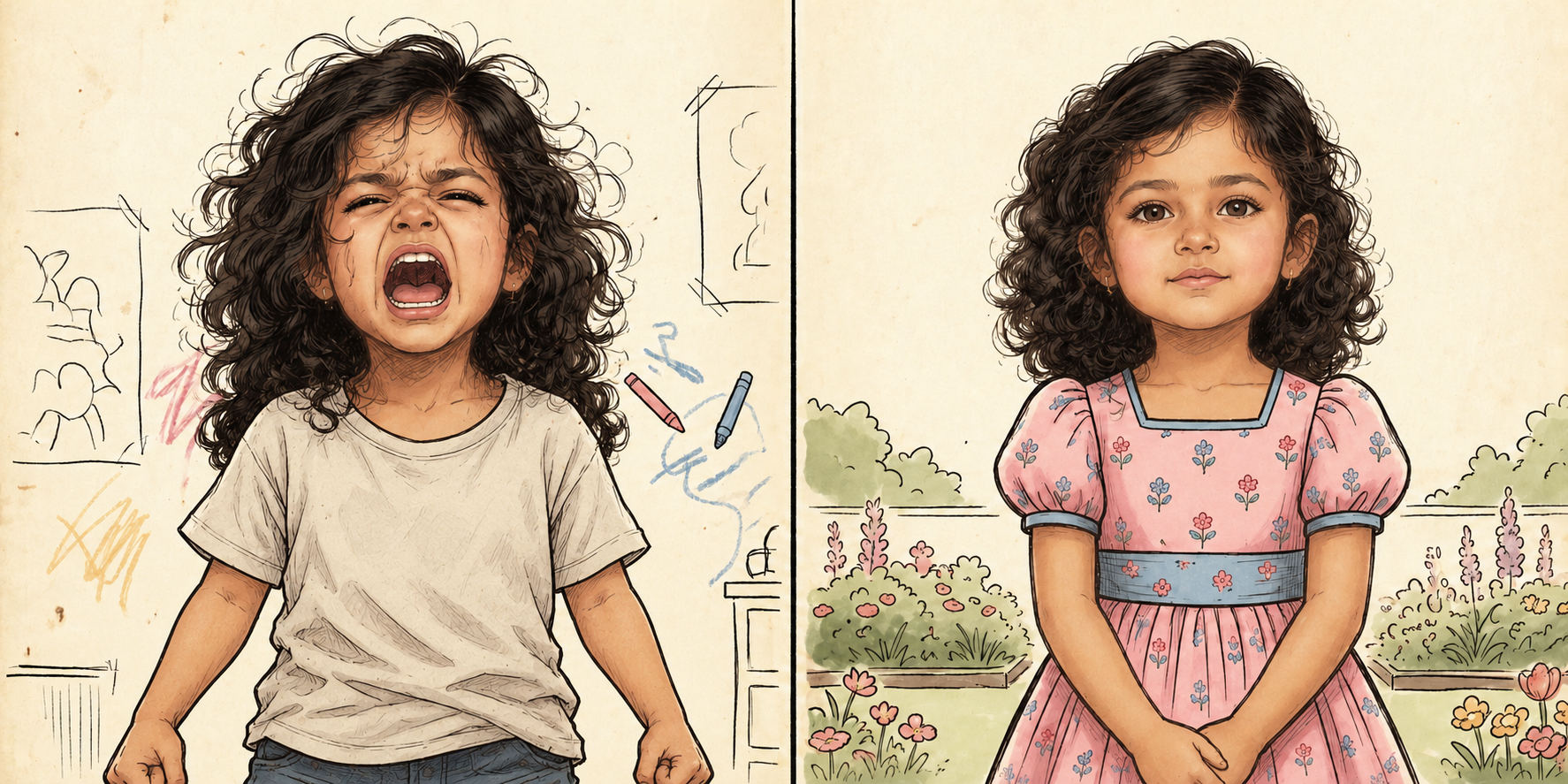 A diptych shows a curly-haired child crying out on the left and a calm child in a pink floral dress on the right.