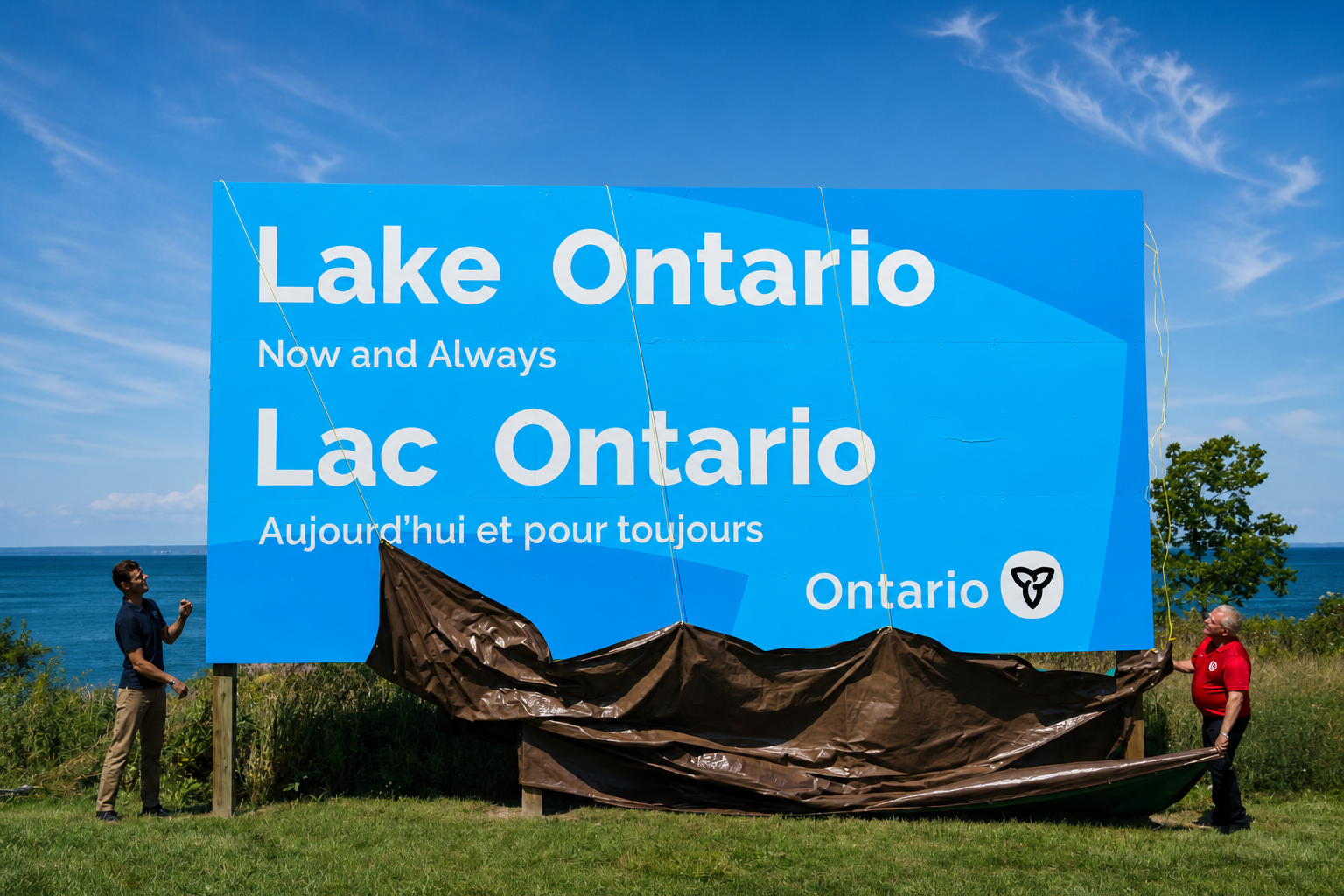 Two people unveiling a large blue Lake Ontario: Now and Always sign beside the lake.