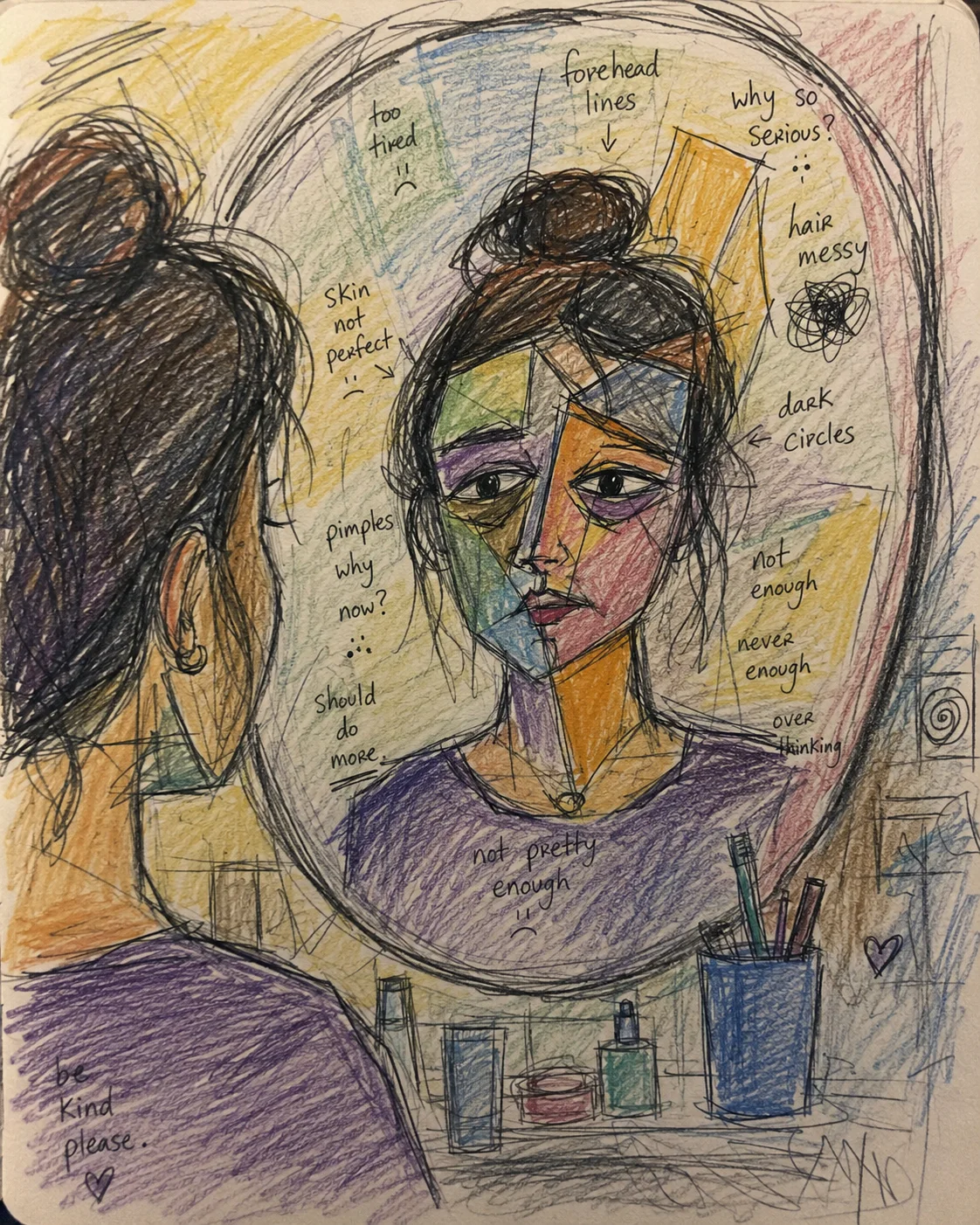A hand-drawn woman looking into a mirror, her reflection divided into colourful pieces and surrounded by self-critical thoughts.