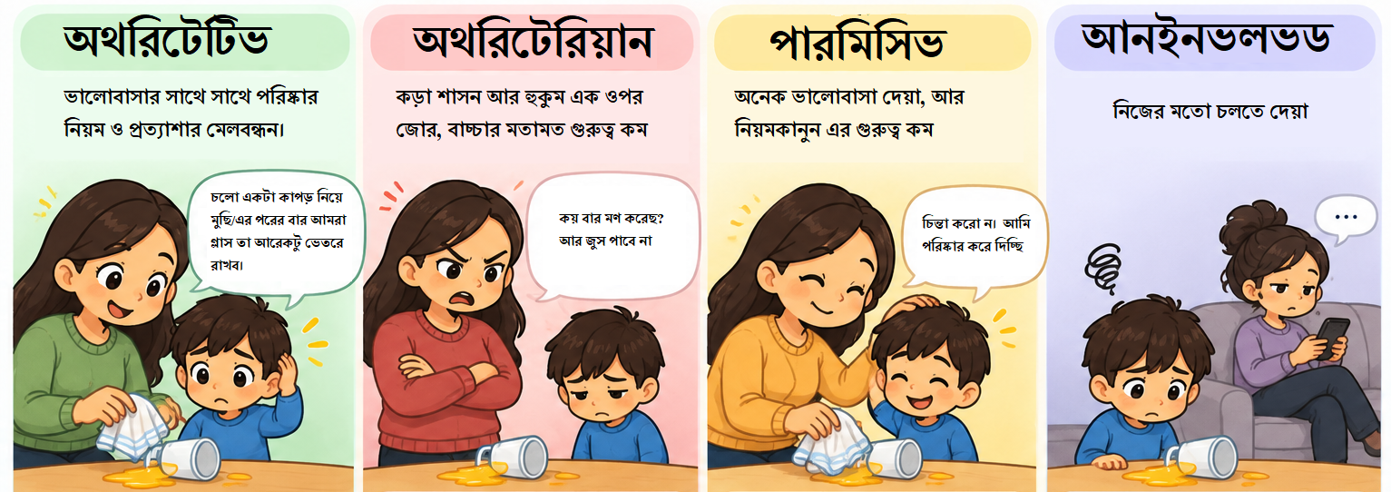 একই জুস পড়ে যাওয়ার ঘটনায় অথরিটেটিভ, অথরিটেরিয়ান, পারমিসিভ ও আনইনভলভড—চারটি parenting response-এর illustration।