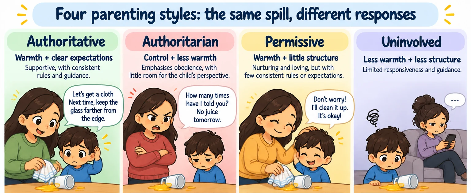 Four illustrated parenting responses to the same spilled drink: authoritative, authoritarian, permissive and uninvolved.