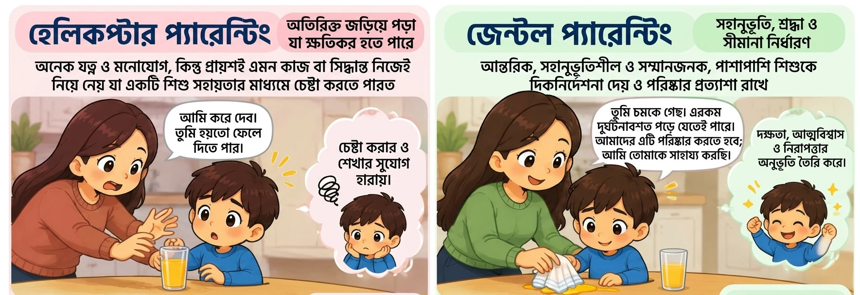 এক পাশে শিশুর কাজ নিজের হাতে নিয়ে নেওয়া helicopter parenting এবং অন্য পাশে সহানুভূতি, সাহায্য ও স্পষ্ট প্রত্যাশা মিলিয়ে gentle parenting-এর illustration।