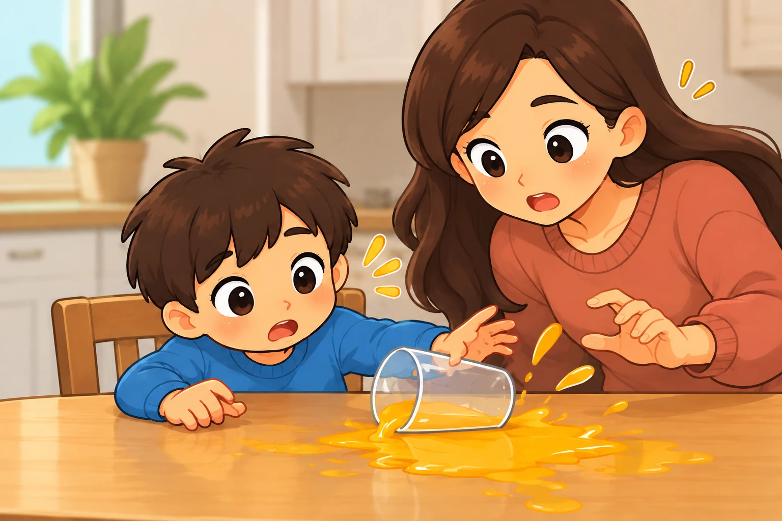 An illustrated mother and child reacting as a glass of orange juice spills across the table.