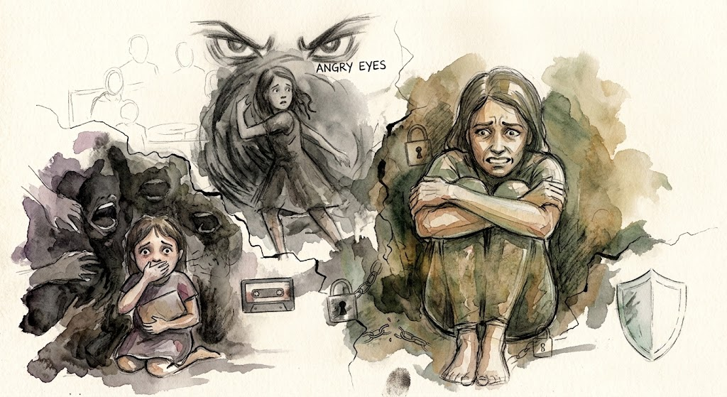 A watercolor collage showing a frightened child, angry watching eyes, a cassette tape, and an adult carrying the lasting weight of childhood humiliation.