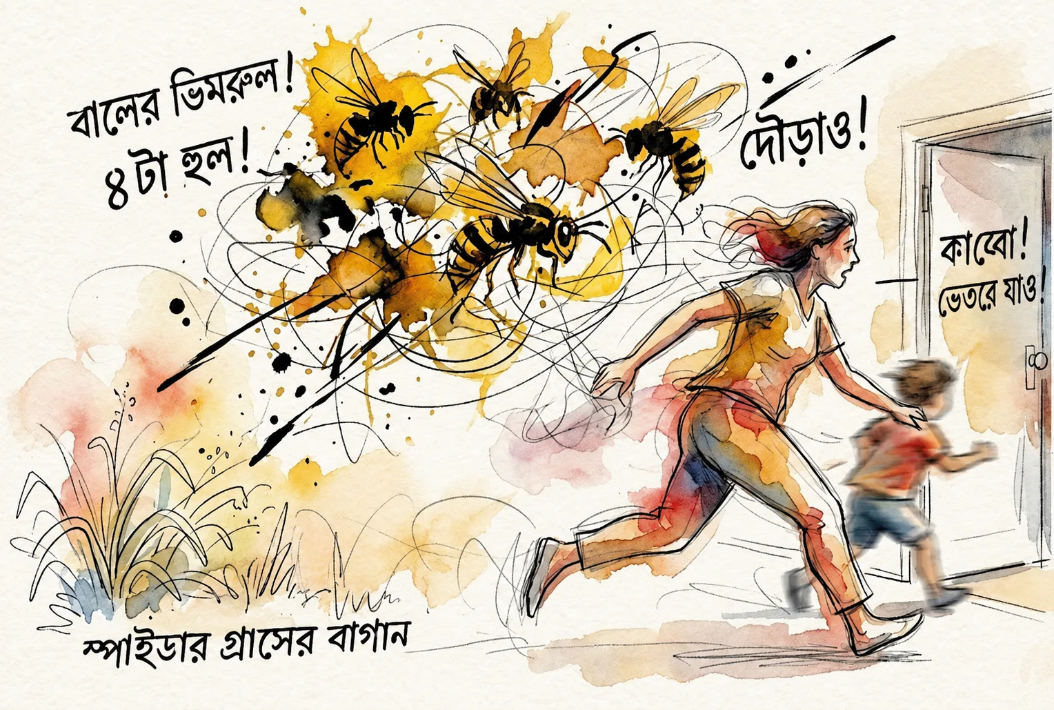 জলরঙ ও কালির ঢঙে আঁকা ছবিতে কাব্বোর মা কাব্বোকে ঘরের ভেতর নিচ্ছেন, আর বাগানের ওপর চারটি ইয়েলো জ্যাকেট উড়ছে।