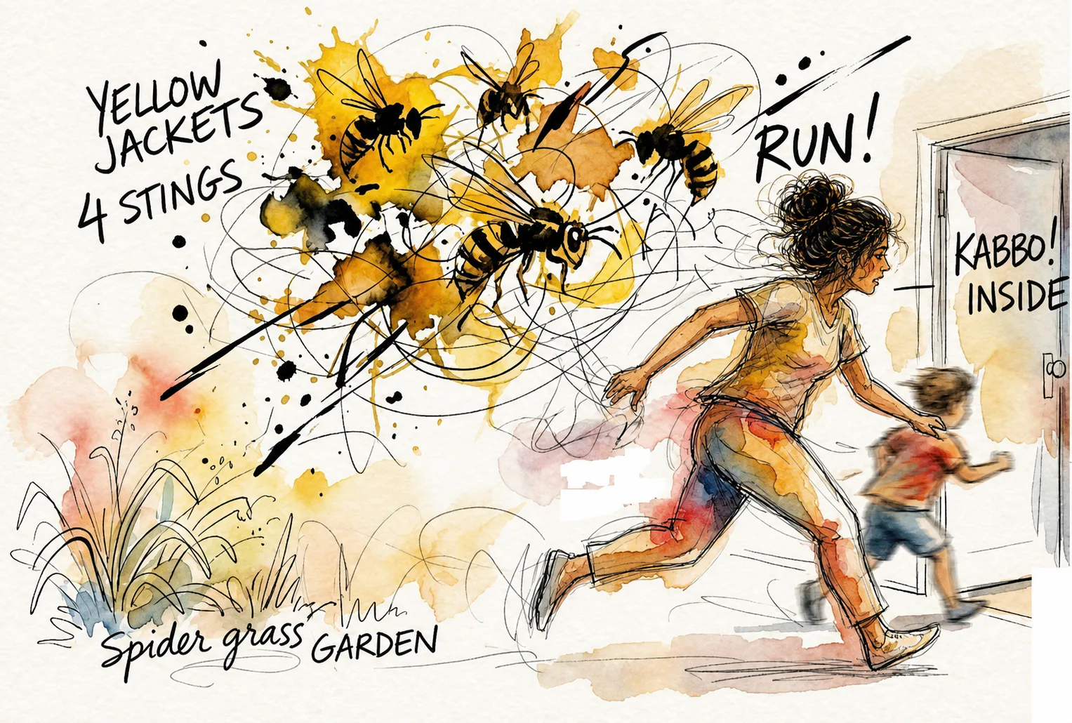 A loose watercolor-and-ink illustration of Kabbo’s mum pulling Kabbo indoors while four yellowjackets swarm above the garden.
