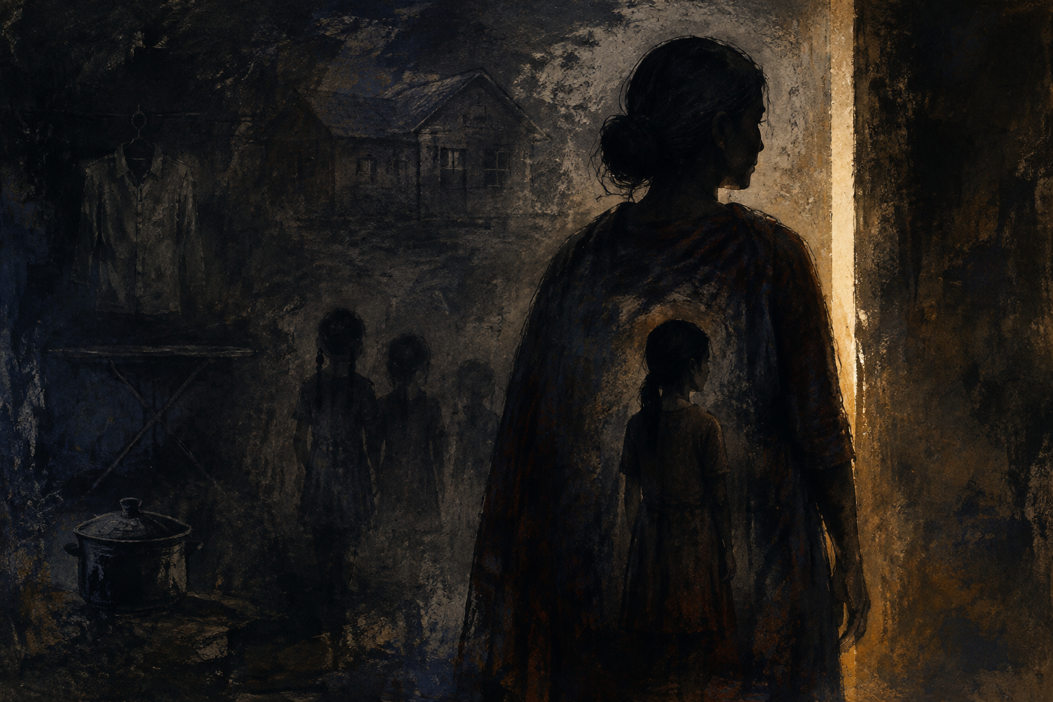 A dark, textured illustration of a mother and daughters standing in a shadowed home, with the outline of an empty man’s shirt and a lit doorway behind them.