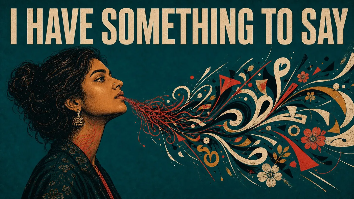 I Have Something to Say—an illustrated woman sending words, symbols, and flowers out into the world.