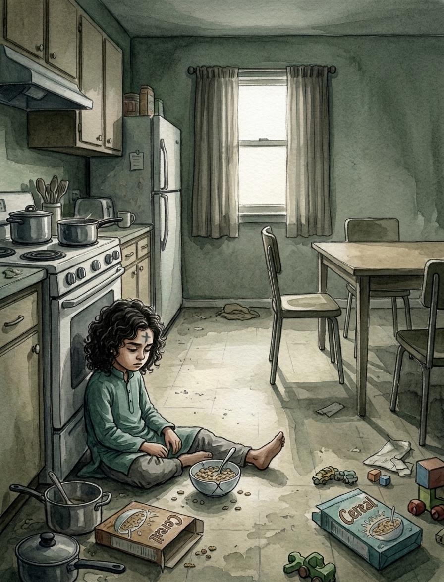 A curly-haired child sits alone on a kitchen floor with a bowl of cereal, surrounded by scattered cereal, cookware and toys.
