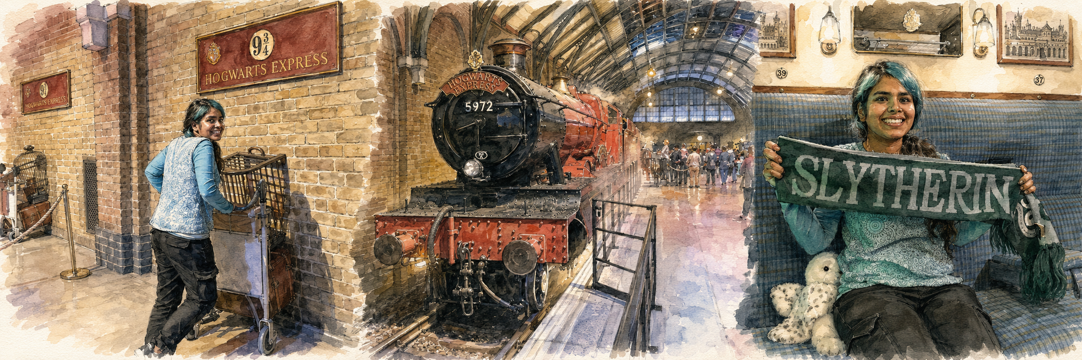 A watercolor-style collage created from personal photographs at the Harry Potter experience in London, showing Platform 9¾, the Hogwarts Express, and a Slytherin scarf.