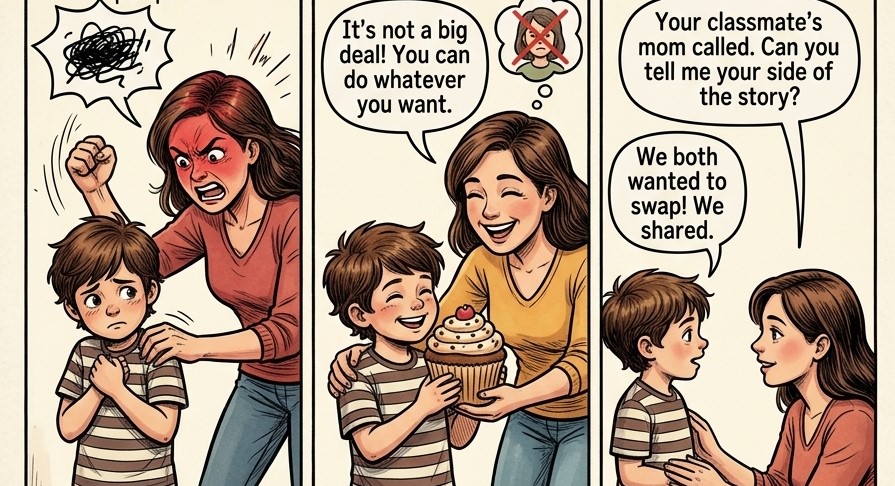 Three illustrated responses to a lunch complaint: an angry adult threatening punishment, an adult dismissing the concern, and an adult asking for the child's side of the story.