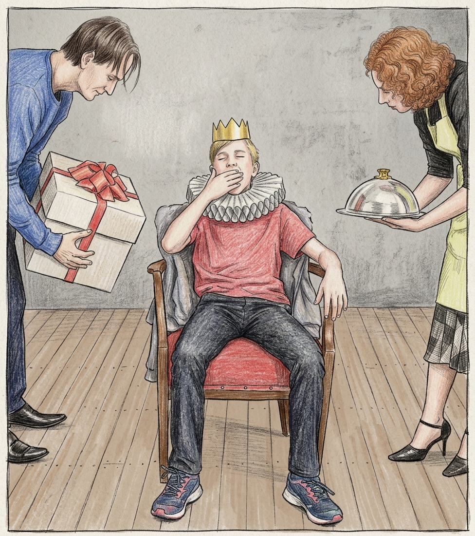 A crowned child sits yawning in a chair while two adults bow towards the child, offering a wrapped gift and a covered serving dish.