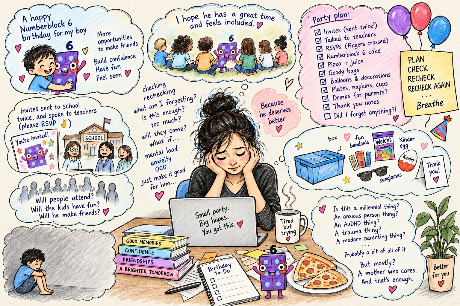 Hand-drawn collage of a worried mother planning a Numberblock Six birthday party, surrounded by thoughts about invitations, friendship, party supplies, childhood memories, and parenting anxiety.