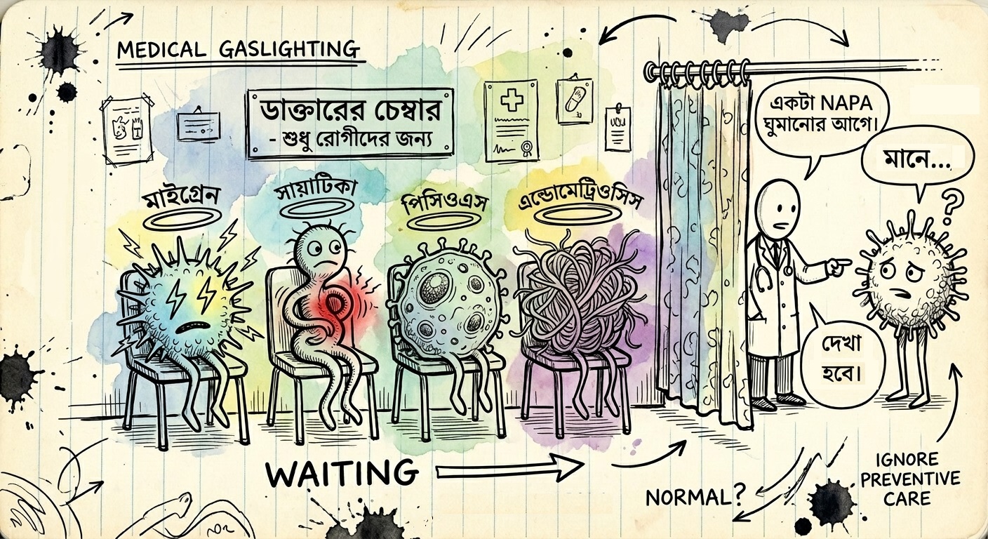 হাতে আঁকা একটি medical waiting room-এ মাইগ্রেন, সায়াটিকা, পিসিওএস ও এন্ডোমেট্রিওসিস অপেক্ষা করছে, আর একজন ডাক্তার রোগীর pain-এর কারণ খোঁজার অনুরোধ dismiss করছেন।