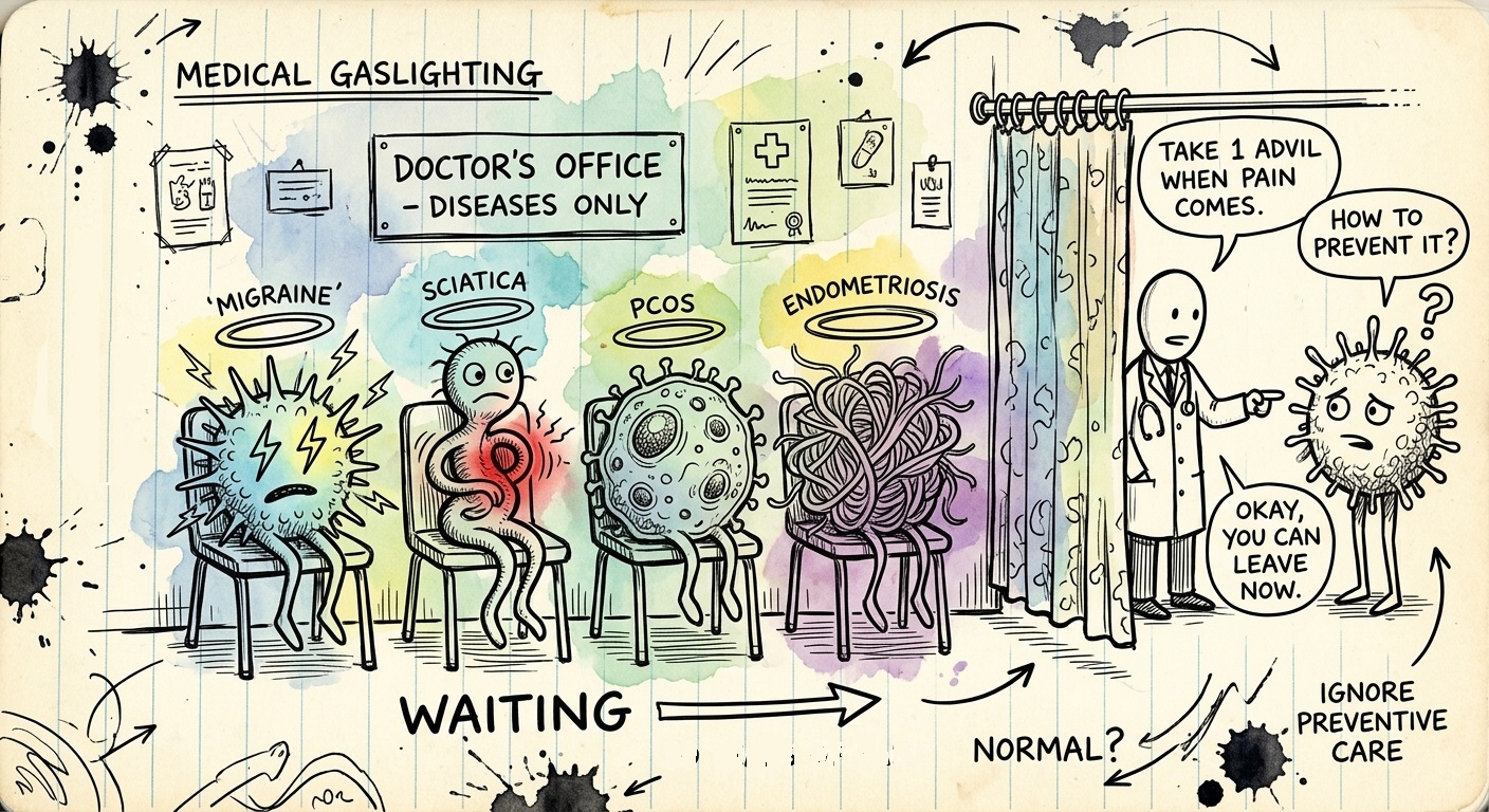 A hand-drawn medical waiting room where migraine, sciatica, PCOS, and endometriosis wait while a doctor dismisses a patient’s request for preventive care.