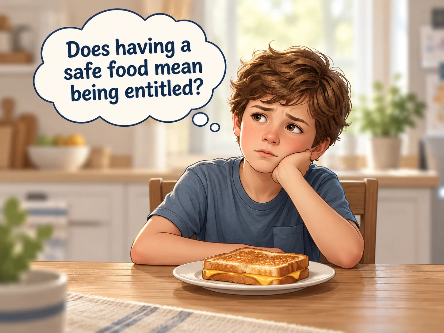 An illustrated child sitting at a kitchen table with a grilled-cheese sandwich and wondering whether having a safe food means being entitled.