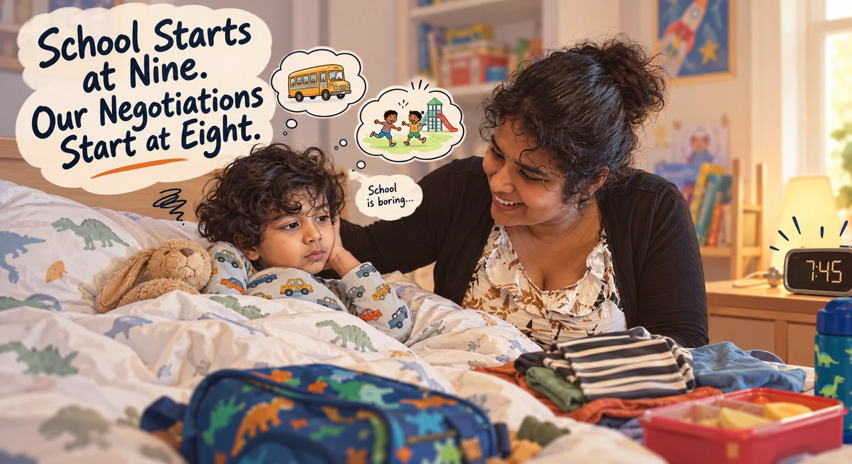 A mother gently wakes her reluctant child at 7:45 while his school things and lunch wait nearby.