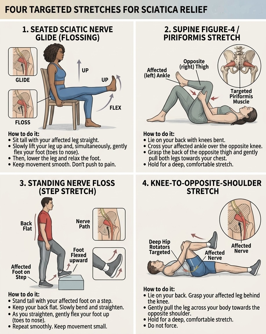An illustrated overview of four movements used for sciatic pain: a seated nerve glide, piriformis stretch, standing nerve floss, and knee-to-opposite-shoulder stretch.