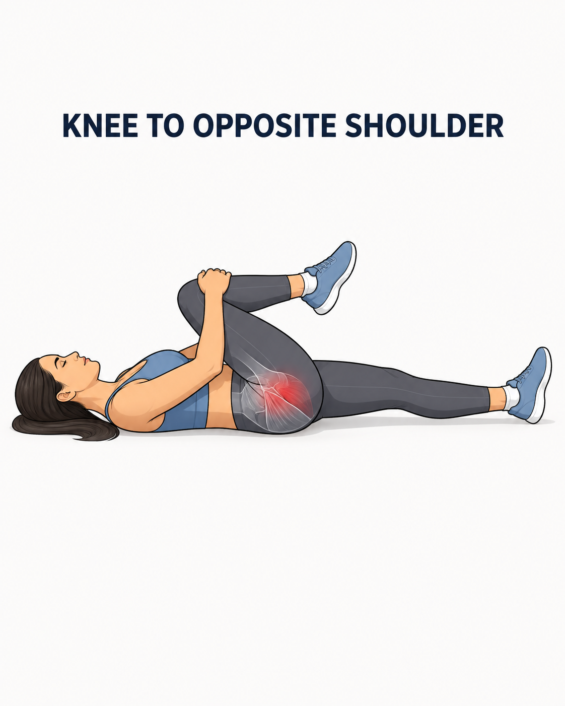 Illustration of a woman lying on her back and bringing one bent knee diagonally toward the opposite shoulder.