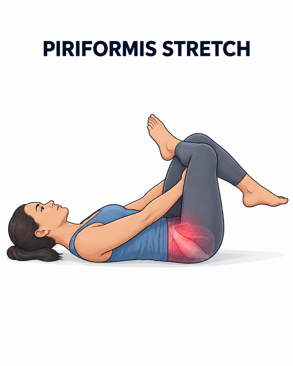 Illustration of a woman lying on her back with one ankle crossed over the opposite knee for a figure-four piriformis stretch.