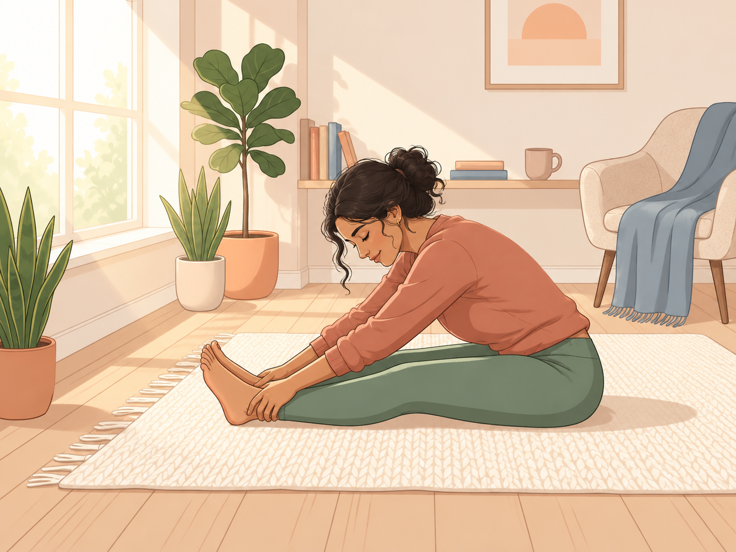 Warm illustration of a woman seated on a rug in a sunlit living room, leaning forward to stretch toward her feet.