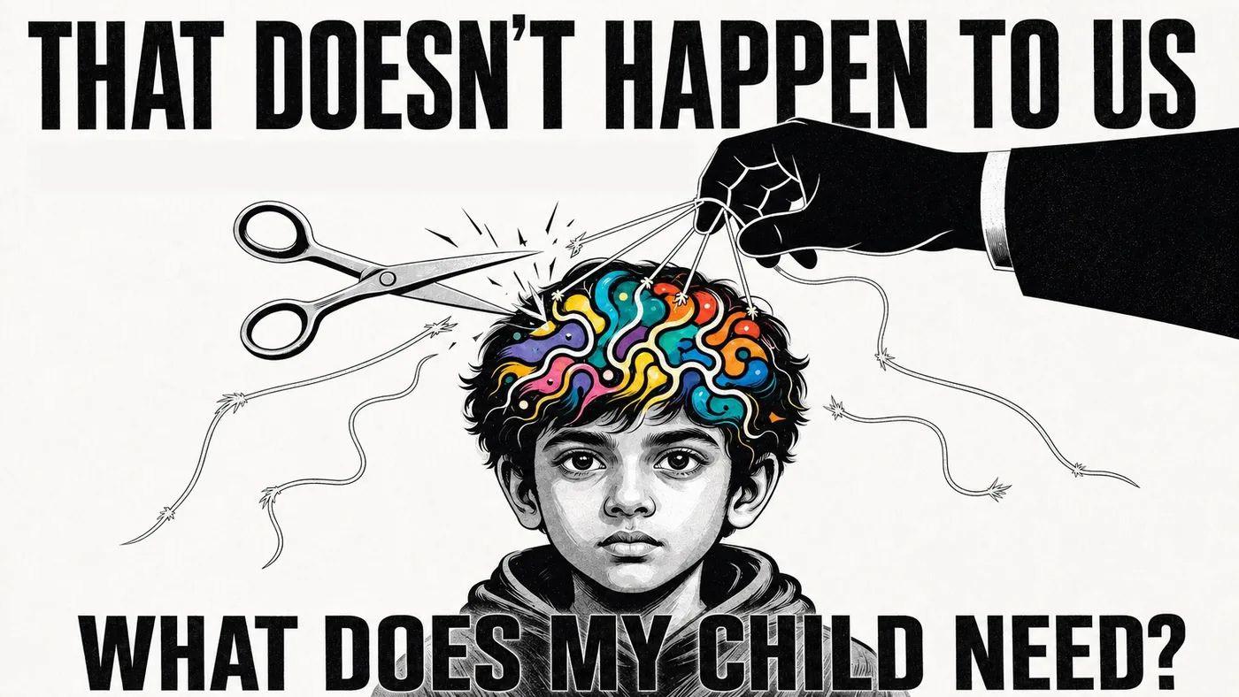 Editorial illustration reading ‘That Doesn’t Happen to Us’ and ‘Neurodivergence is not disobedience’, with a child beneath hands pulling and cutting colourful threads.