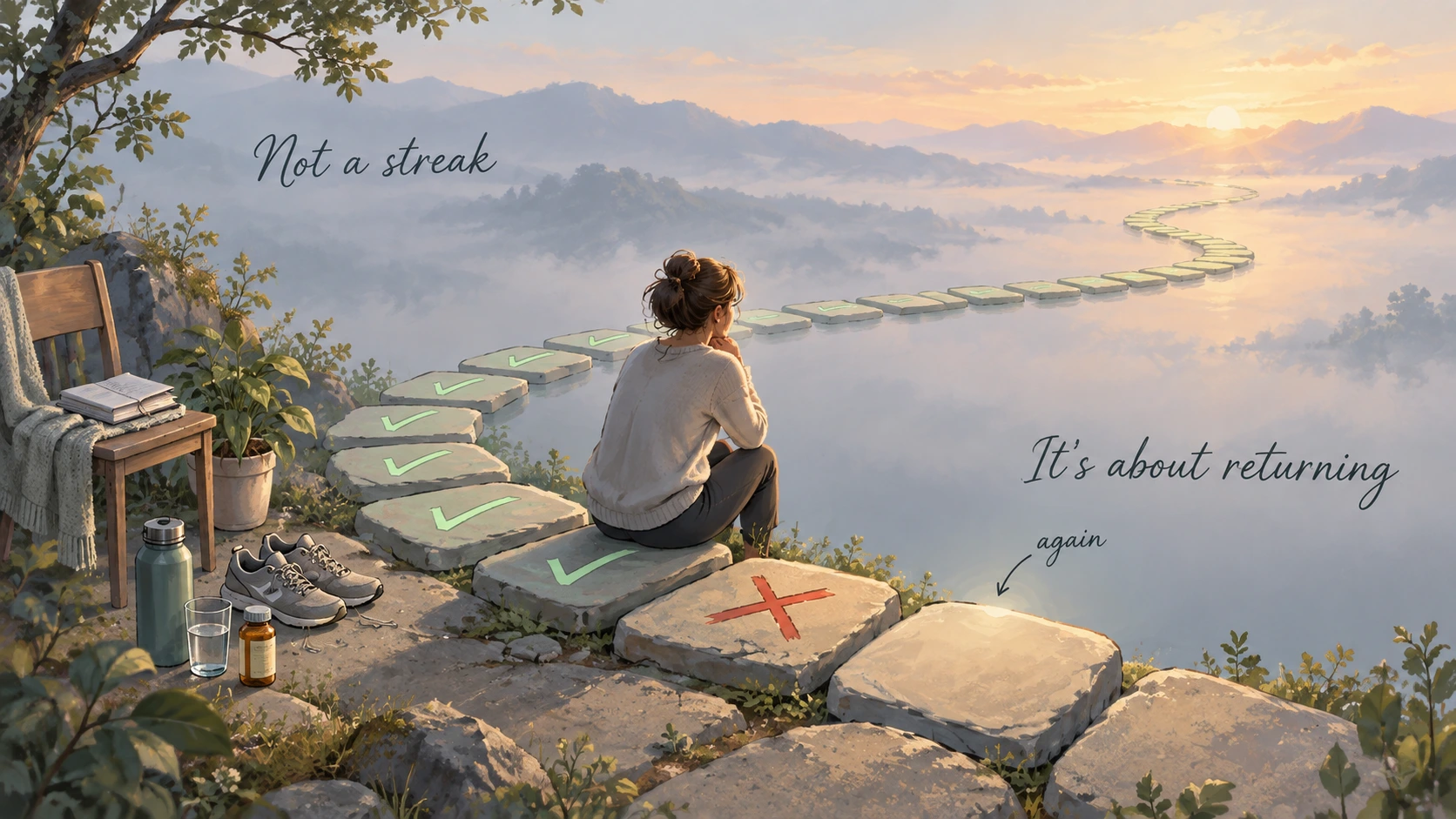 A woman sits beside a broken path of habit-tracking stones, with completed steps behind her and the words ‘Not a streak. It’s about returning again.’