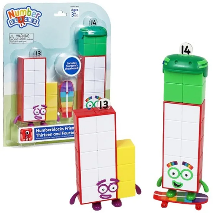 Numberblocks Friends Thirteen and Fourteen figures with a skateboard.