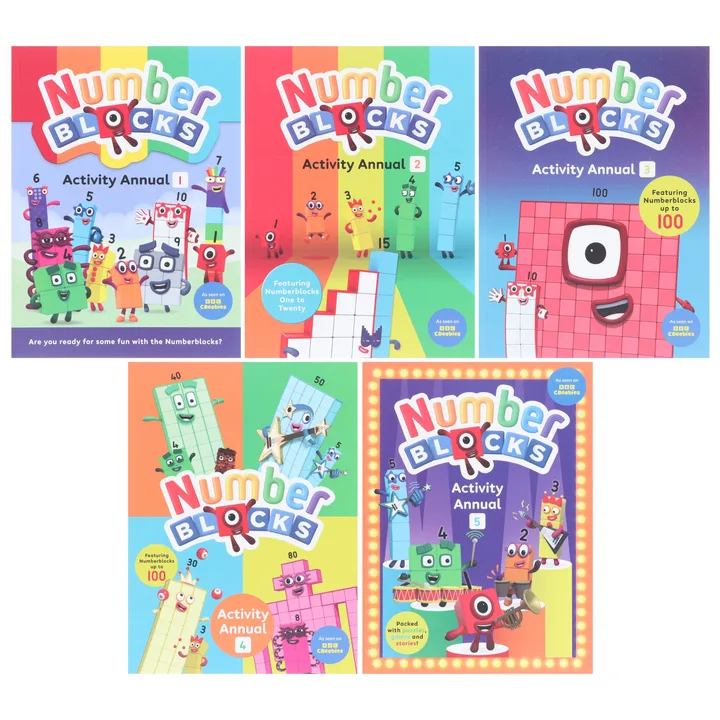 Collection of colourful Numberblocks activity books and workbooks.