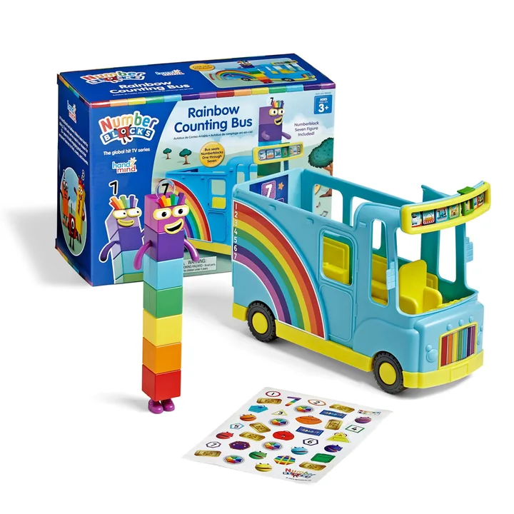 Numberblocks Rainbow Counting Bus toy with Numberblock characters and activity pieces.