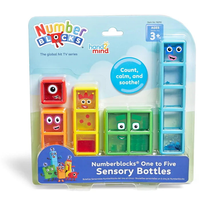 Numberblocks One to Five sensory bottles in their retail package.
