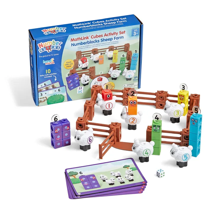 Numberblocks Sheep Farm MathLink Cubes activity set.