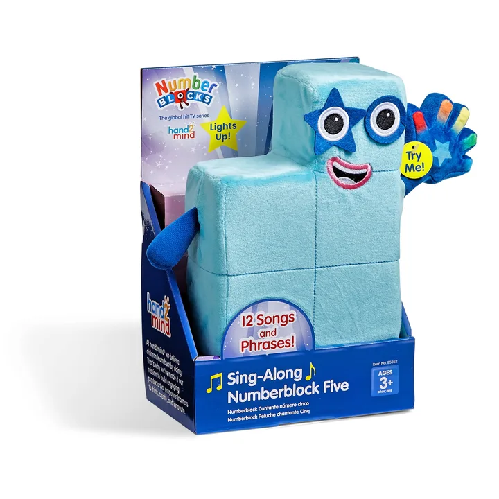 Sing-Along Numberblock Five plush toy in its retail package.