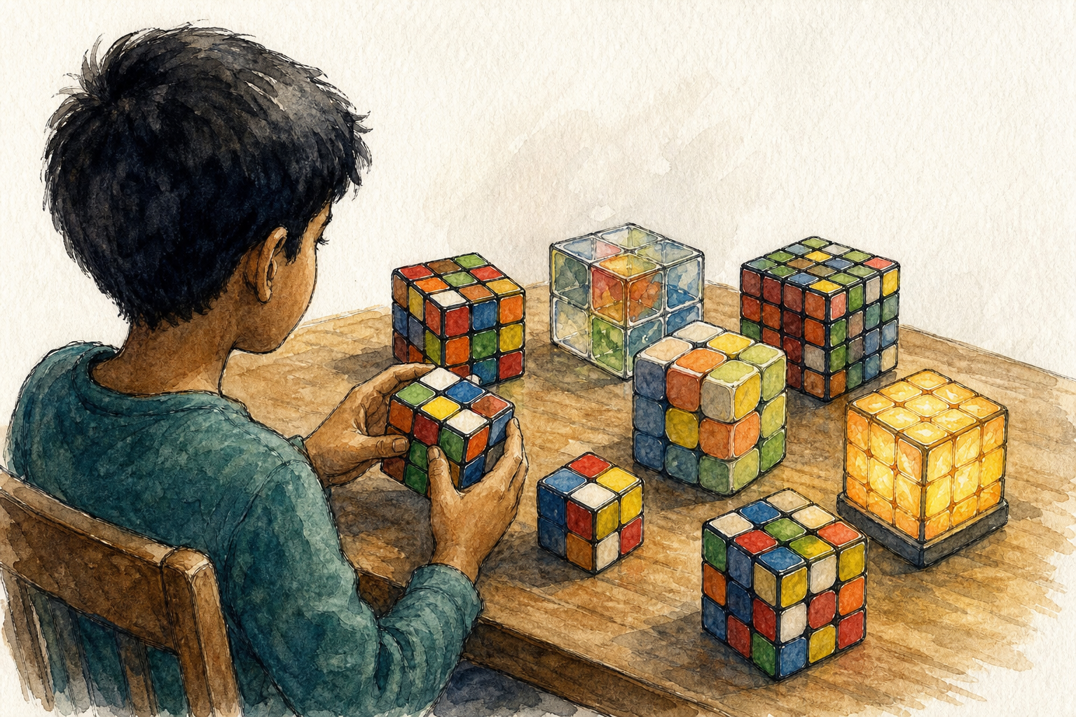 A watercolour-style illustration of a child sitting at a table and exploring a Rubik’s Cube, surrounded by cubes of different sizes, colours, textures and designs.
