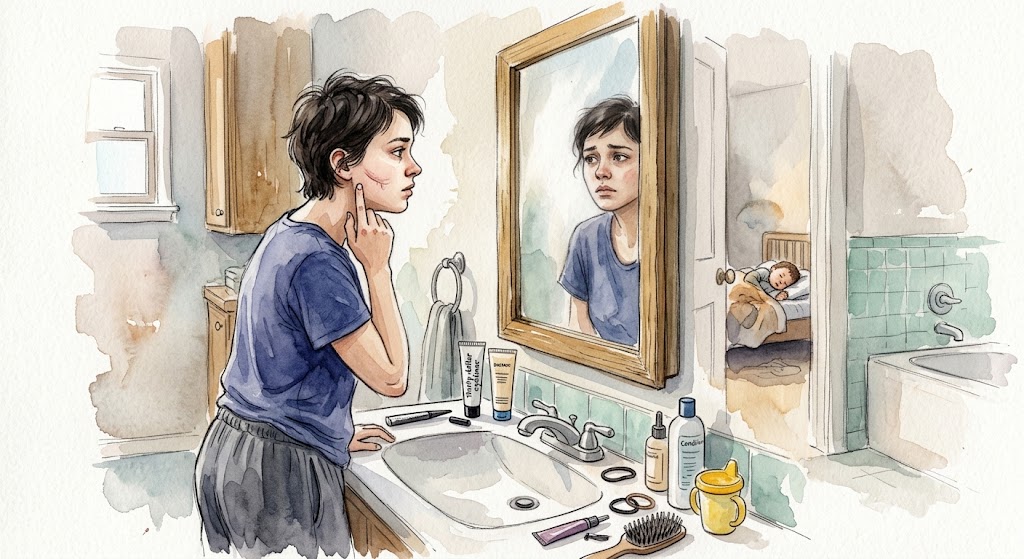 A watercolour illustration of a tired parent looking into a bathroom mirror while a child sleeps in the adjoining room.