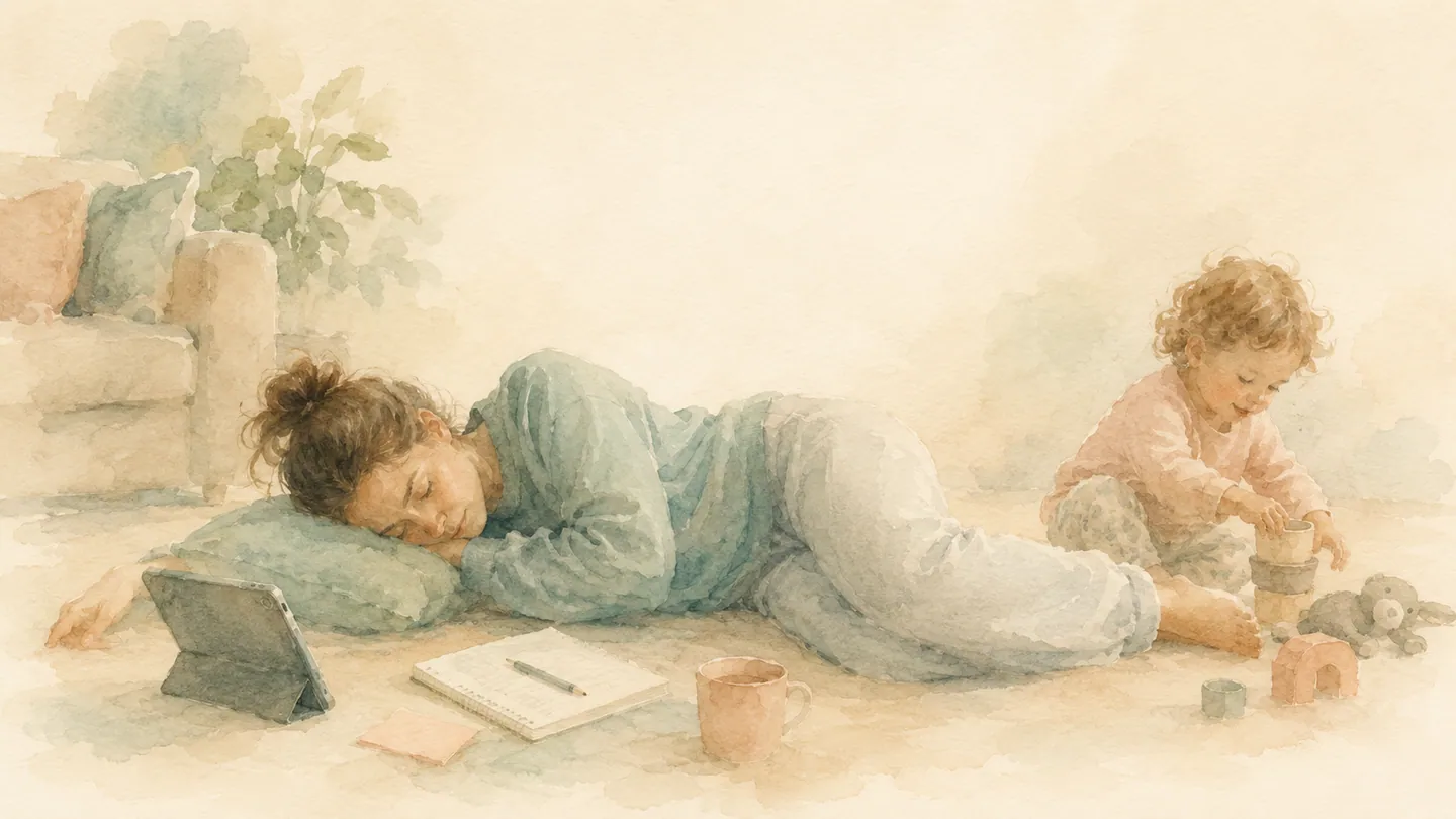 A soft watercolour scene of an exhausted mother resting on the floor near her tablet and notebook while her child plays beside her.