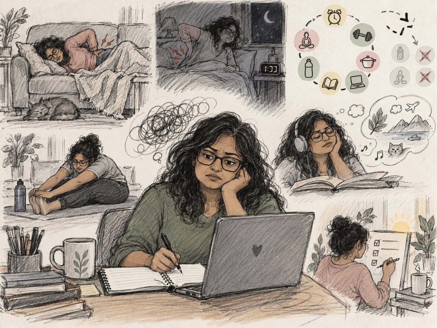 Sketch-style collage of a woman writing at her laptop, stretching, listening to an audiobook, waking with back pain, and returning to her routine.